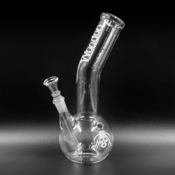 Woodoo Bong, Glas, 25 cm - Transparente, bauchige Bong mit gebogener Form, Glas-Chillum und Kickloch